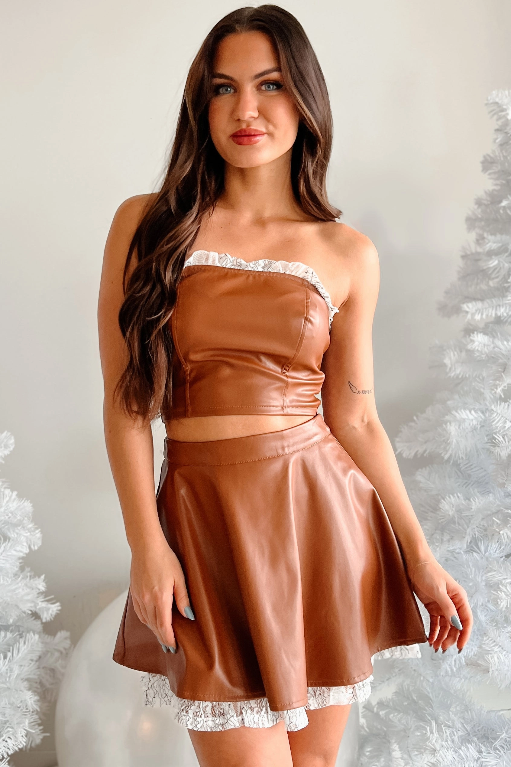 DOORBUSTER Flirty Tendencies Ruffle Lace Faux Leather Tube Top (Brown) Basic Tee