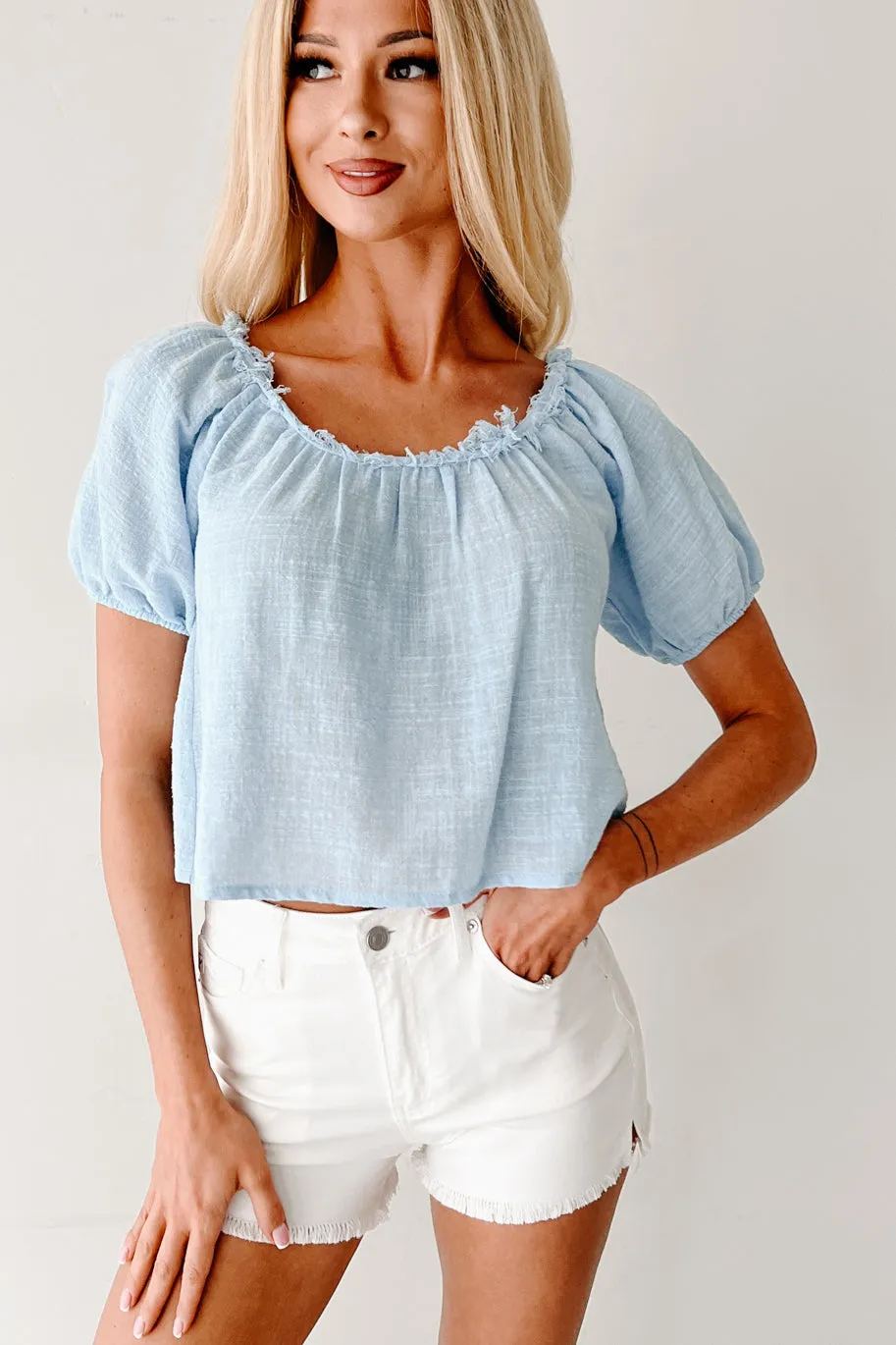 Heart In The Clouds Puff Sleeve Top (Sky) AbrasionResistant Edging NonChafingEdges