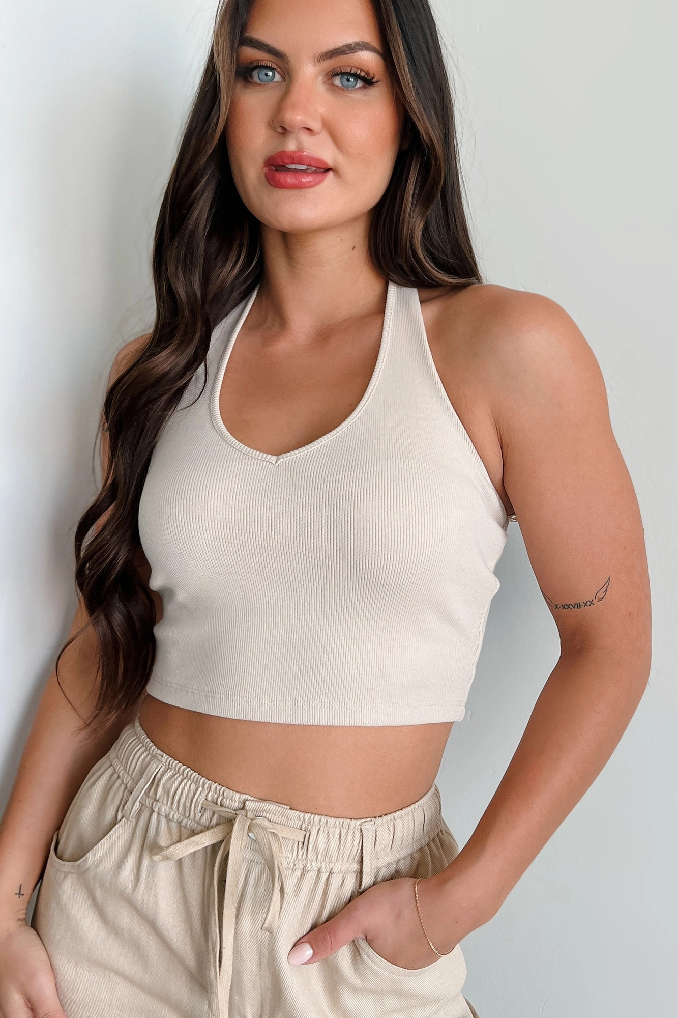Alive & Well Ribbed Halter Crop Top (Eggshell) FrenchTerry Reinforced Hems