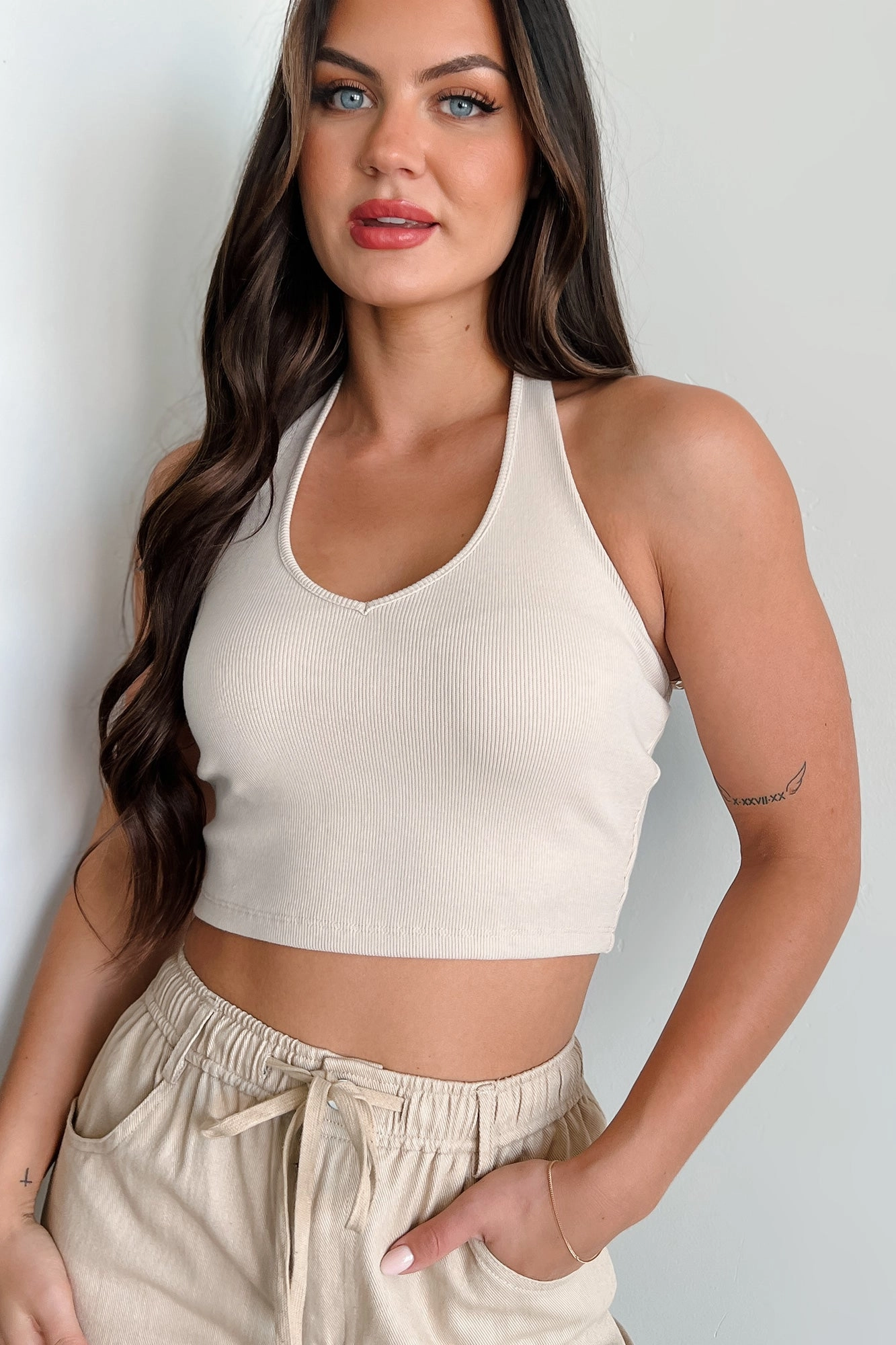 Alive & Well Ribbed Halter Crop Top (Eggshell) Cozy Blouse