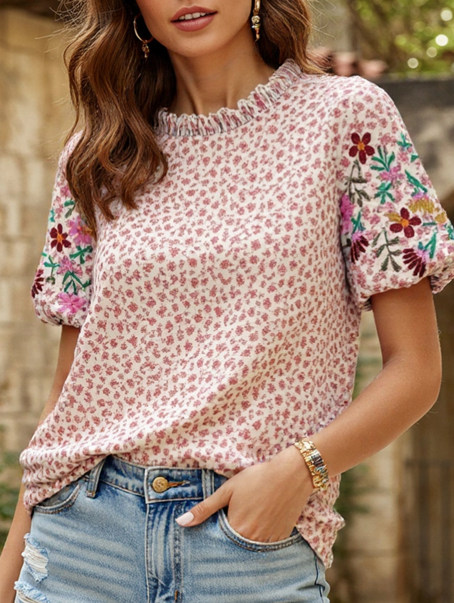 Embroidered Printed Turtleneck Blouse ??Boho Chic High Neck Long Sleeve Top Non Restrictive Cut summer top