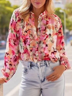 CompactSize RelaxedNeckline Idyllic Vibrant Floral Ruffle Blouse ??Romantic Boho Style