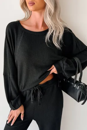 Recycled Polyester Blend Rolled Hem Detailing Still Breathing Waffle Knit Long Sleeve Top (Black)