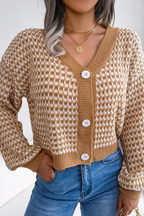 Double Stitched Hems WOMEN PATCHWORK KNIT BIG BUTTON DOWN CARDIGAN