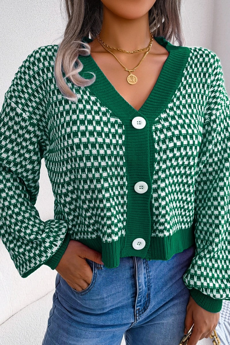 WOMEN PATCHWORK KNIT BIG BUTTON DOWN CARDIGAN MultipanelLayout Four Way Stretch Material