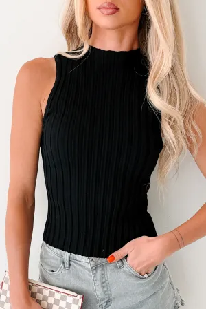 Ventilated Mesh Panels Glam & Go Sleeveless Mock Neck Ribbed Top (Black)
