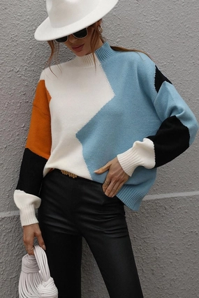 Airflow Vents TURTLE NECK COLOR BLOCK CASUAL SWEATER TOP
