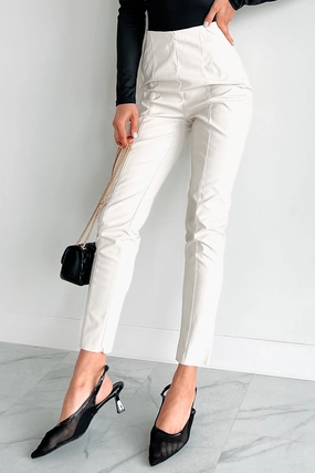 Adjustable Drawcord Chilly Layering Downtown Dates Faux Leather Skinny Pants (Cream)