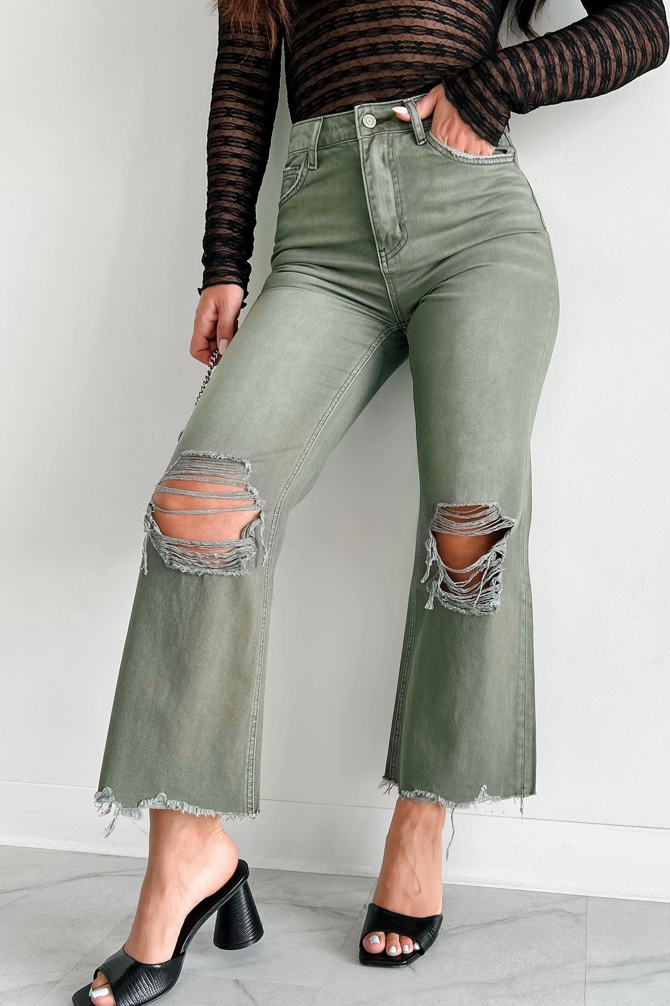 Doyle High Rise 90s Vintage Vervet Crop Flare Jeans (Olive) SoftCottonBlend Casual Layer Fit