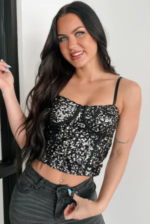Gleaming Goddess Sequin Corset Top (Black/Silver) Recycled Material Blend Active Tee