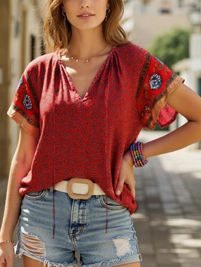 Formal Blouse FoamReinforcedCollar Clan Style Printed V-Neck Loose Fit Short Sleeve Shirt ??Women??s Casual Summer Top