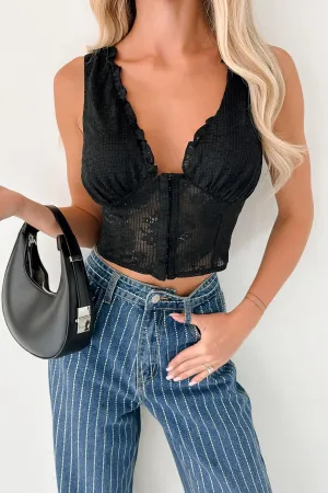 Textured Weave Dream In Gold Sleeveless Floral Lace Top (Black)