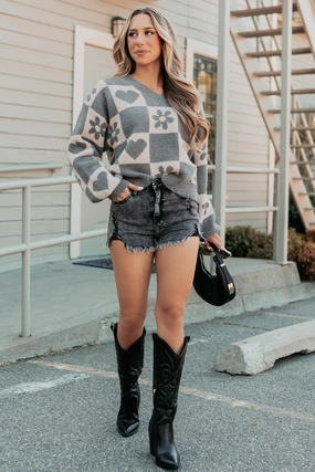 Dream Core Floral Checkered POL Sweater (Grey/Beige) PlushLining Layered Collar