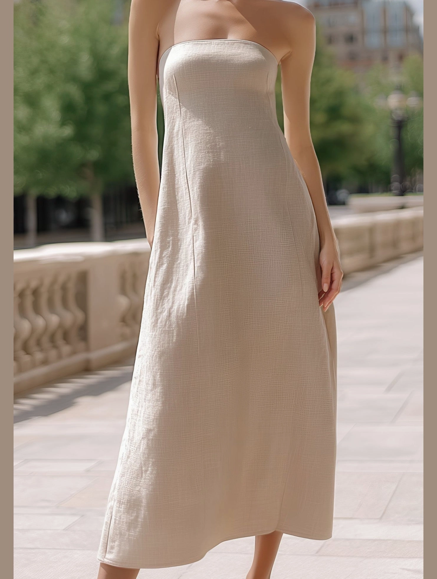 Chic Strapless Slim Tube Dress ??Elegant Cotton & Flax Blend Effortless Piece Quiet Mood