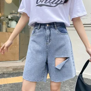DressBetty - Women High Waist Loose Vintage Blue Denim Shorts Streetwear Female Hole Wide Leg Ladies Jeans Shorts