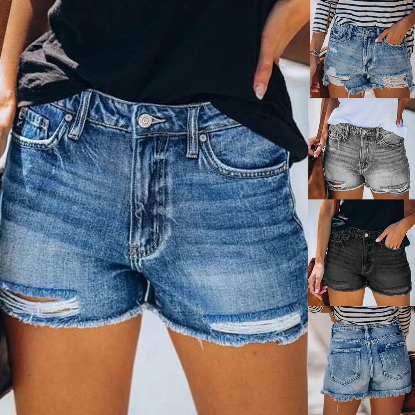 DressBetty - Women's Black Blue Gary Casual Stretch Pockets Denim Shorts Frayed Edge Ripped Hot Shorts New Jeans Casual Y2k Cloth