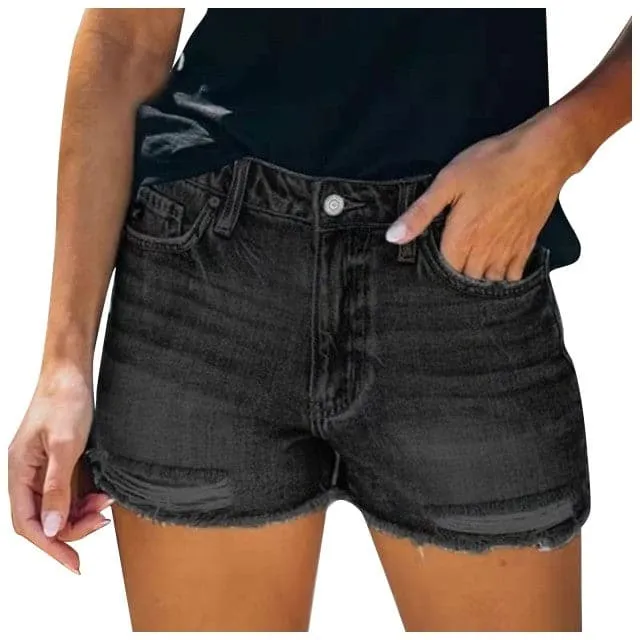 DressBetty - Women's Black Blue Gary Casual Stretch Pockets Denim Shorts Frayed Edge Ripped Hot Shorts New Jeans Casual Y2k Cloth