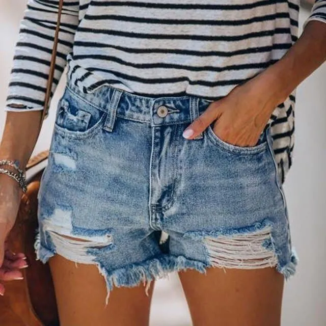 DressBetty - Women's Black Blue Gary Casual Stretch Pockets Denim Shorts Frayed Edge Ripped Hot Shorts New Jeans Casual Y2k Cloth