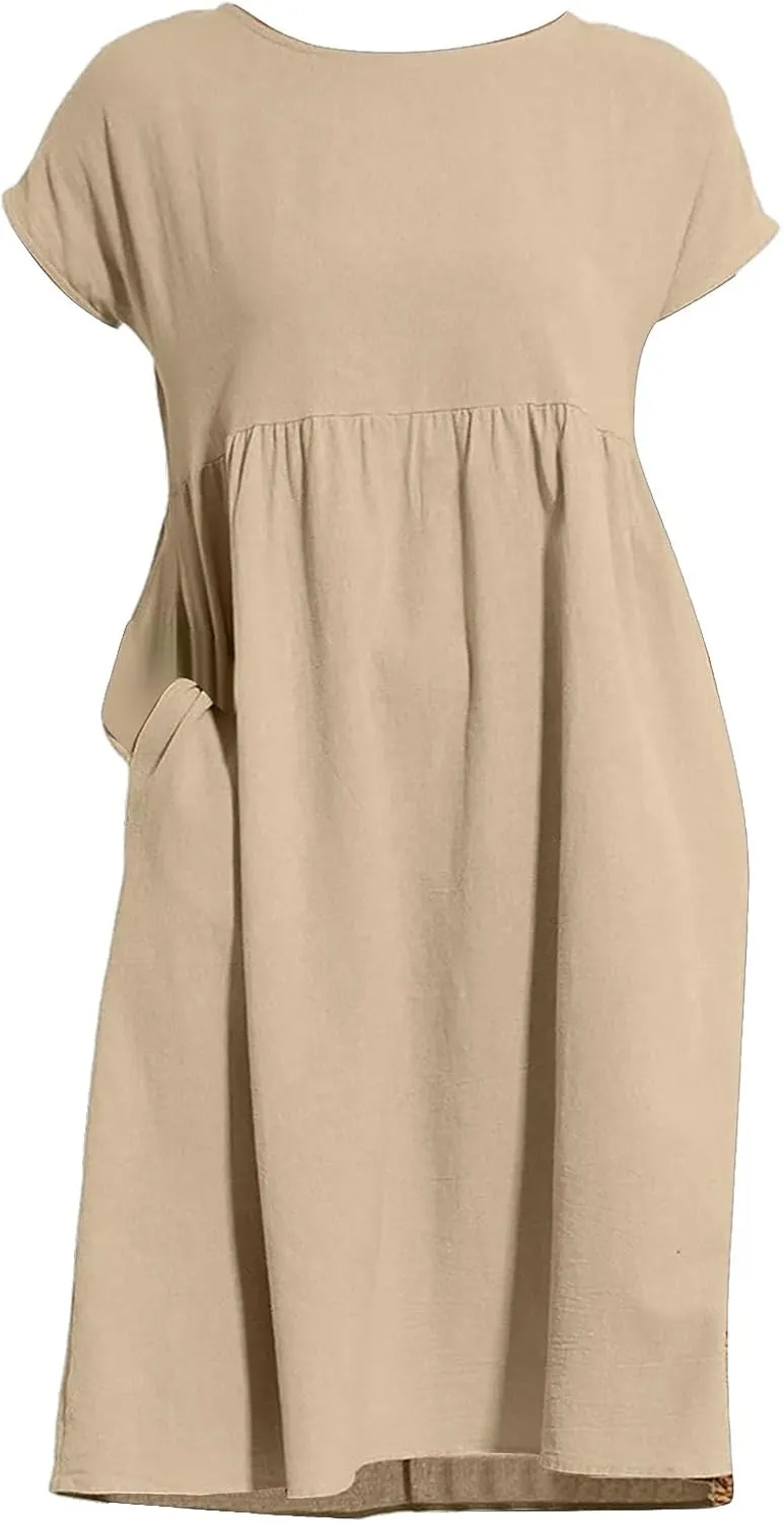 Dresses for Women 2024 Summer Plus Size Short Sleeves Cotton Linen Midi Dress Trendy Casual Loose Beach Sundress