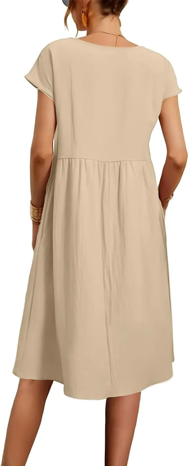 Dresses for Women 2024 Summer Plus Size Short Sleeves Cotton Linen Midi Dress Trendy Casual Loose Beach Sundress