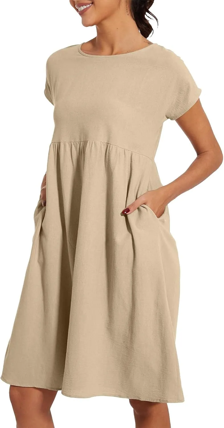 Dresses for Women 2024 Summer Plus Size Short Sleeves Cotton Linen Midi Dress Trendy Casual Loose Beach Sundress
