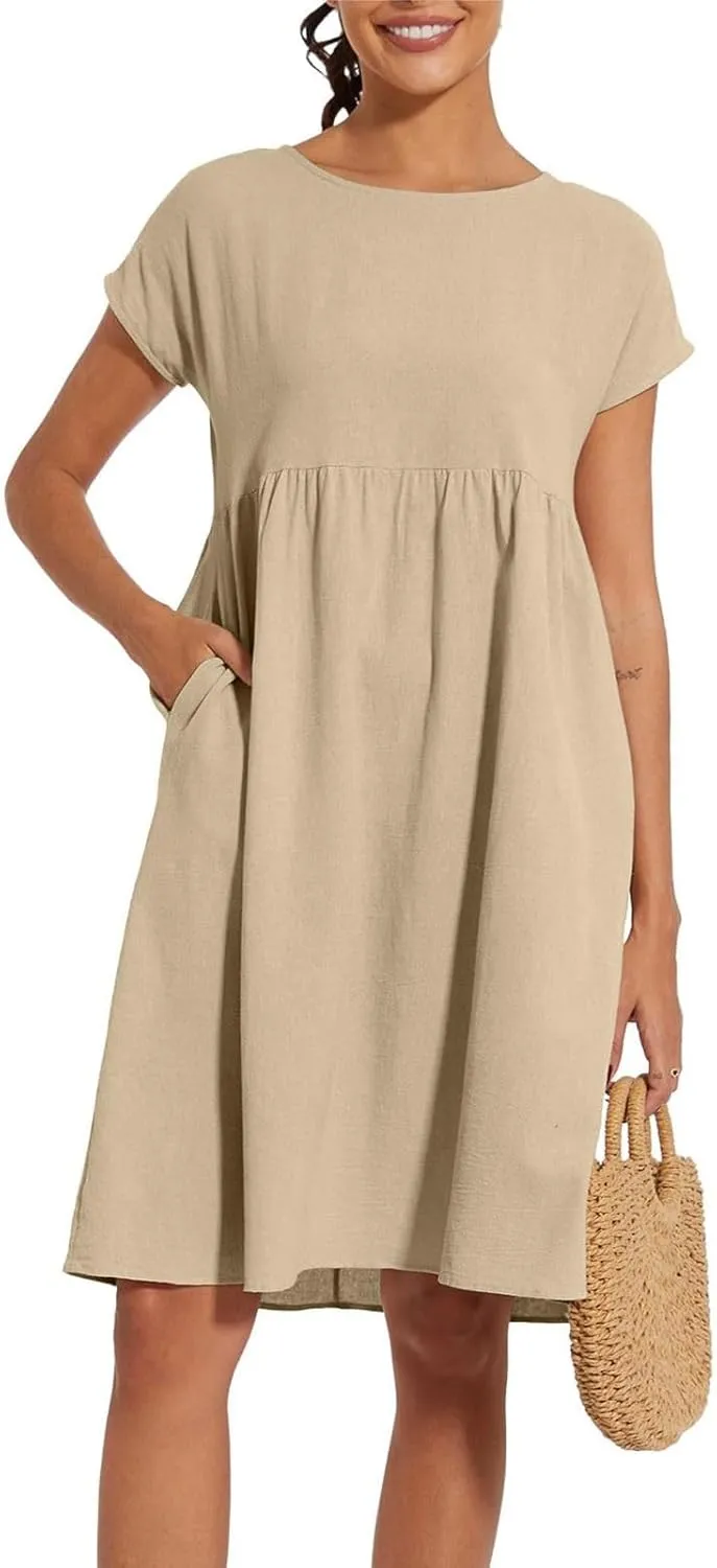 Dresses for Women 2024 Summer Plus Size Short Sleeves Cotton Linen Midi Dress Trendy Casual Loose Beach Sundress