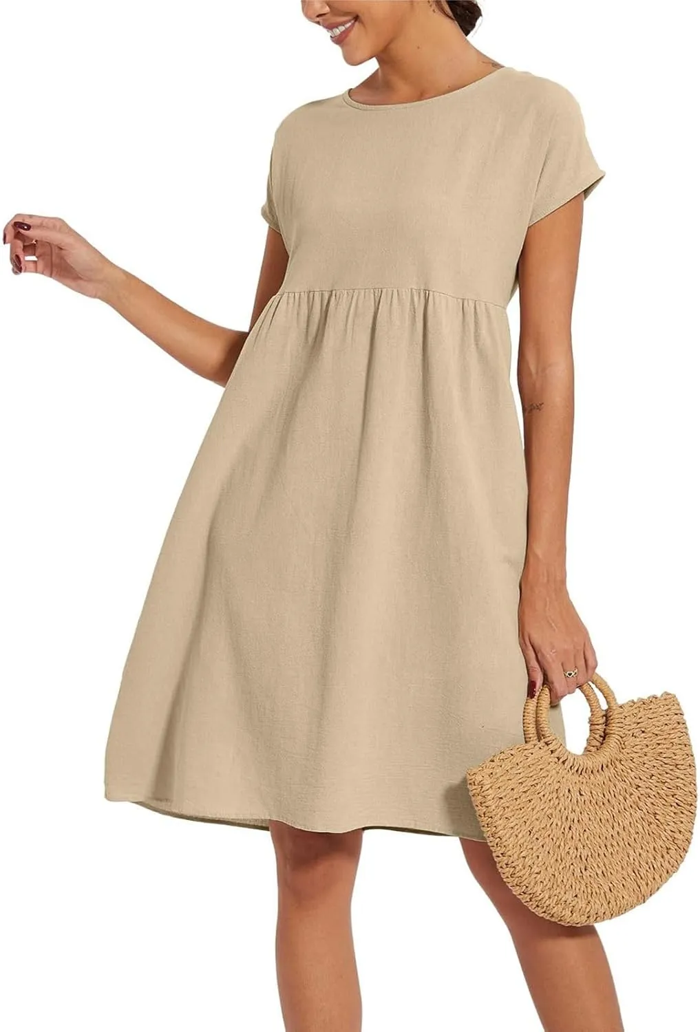 Dresses for Women 2024 Summer Plus Size Short Sleeves Cotton Linen Midi Dress Trendy Casual Loose Beach Sundress