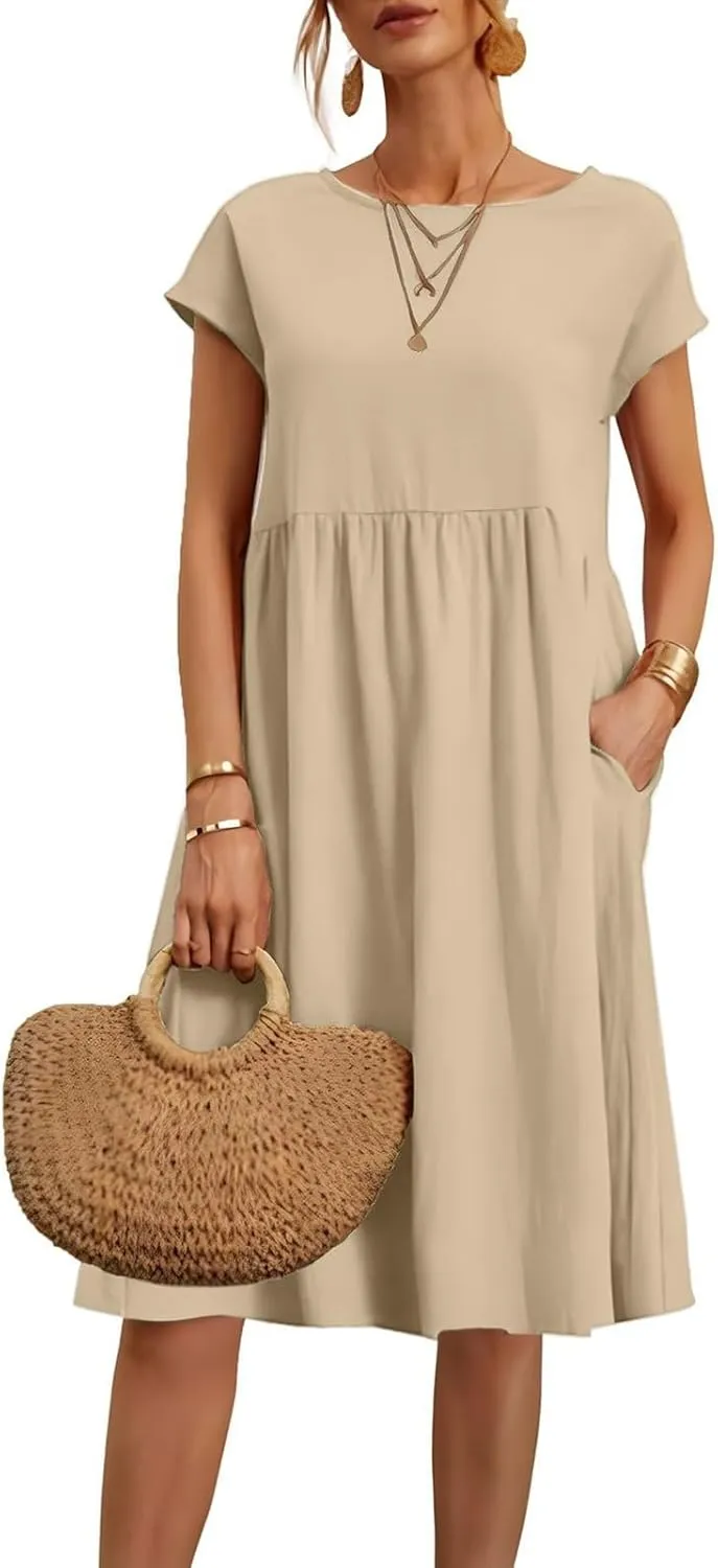 Dresses for Women 2024 Summer Plus Size Short Sleeves Cotton Linen Midi Dress Trendy Casual Loose Beach Sundress