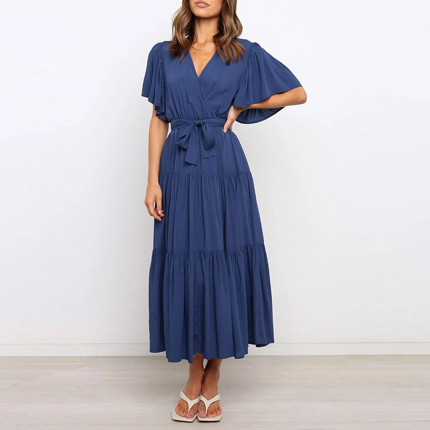 Dresses for Women Spring Wrap Dress Ruffle Short Sleeve V Neck Midi Dress Tiered Fashion Dress Summer with Belt