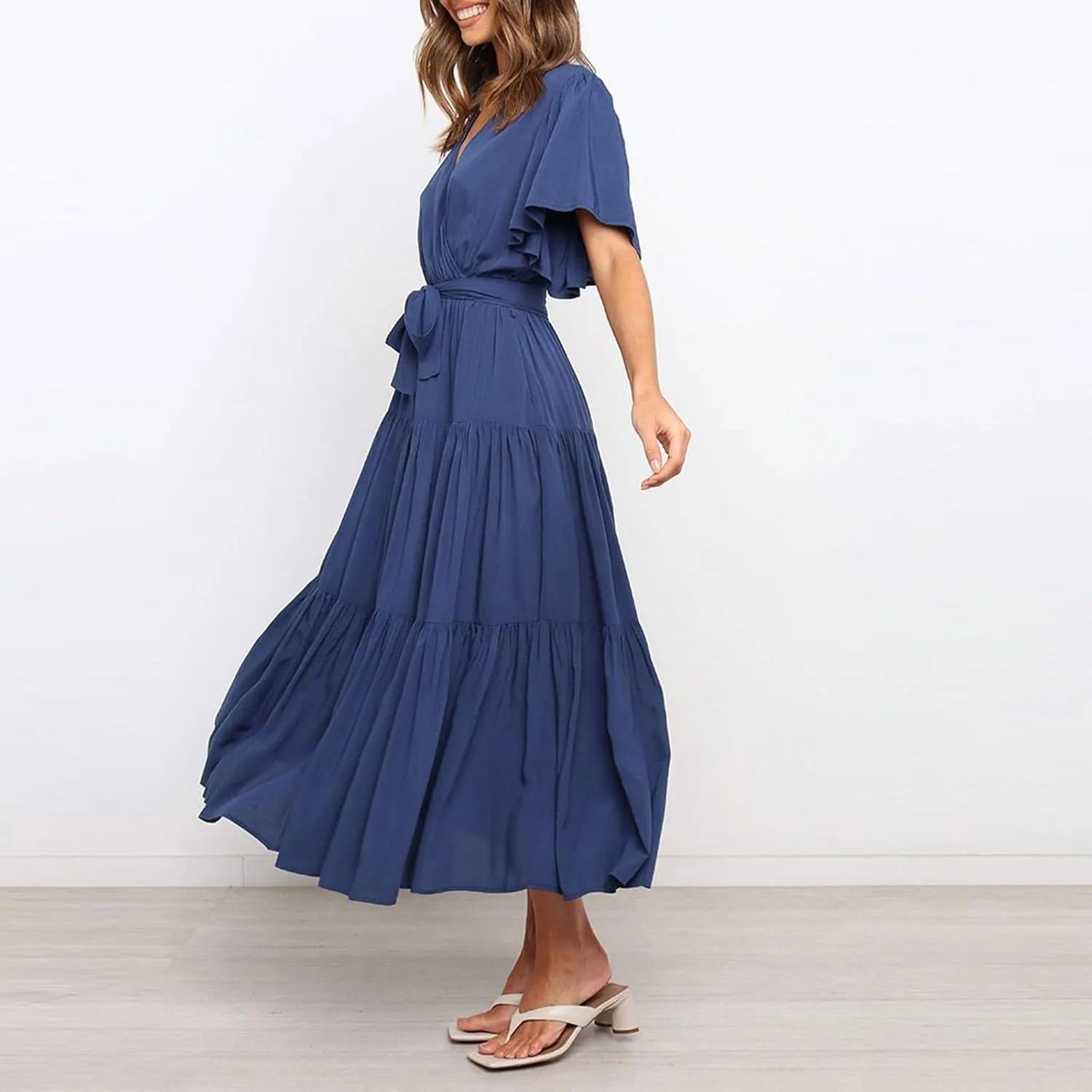 Dresses for Women Spring Wrap Dress Ruffle Short Sleeve V Neck Midi Dress Tiered Fashion Dress Summer with Belt