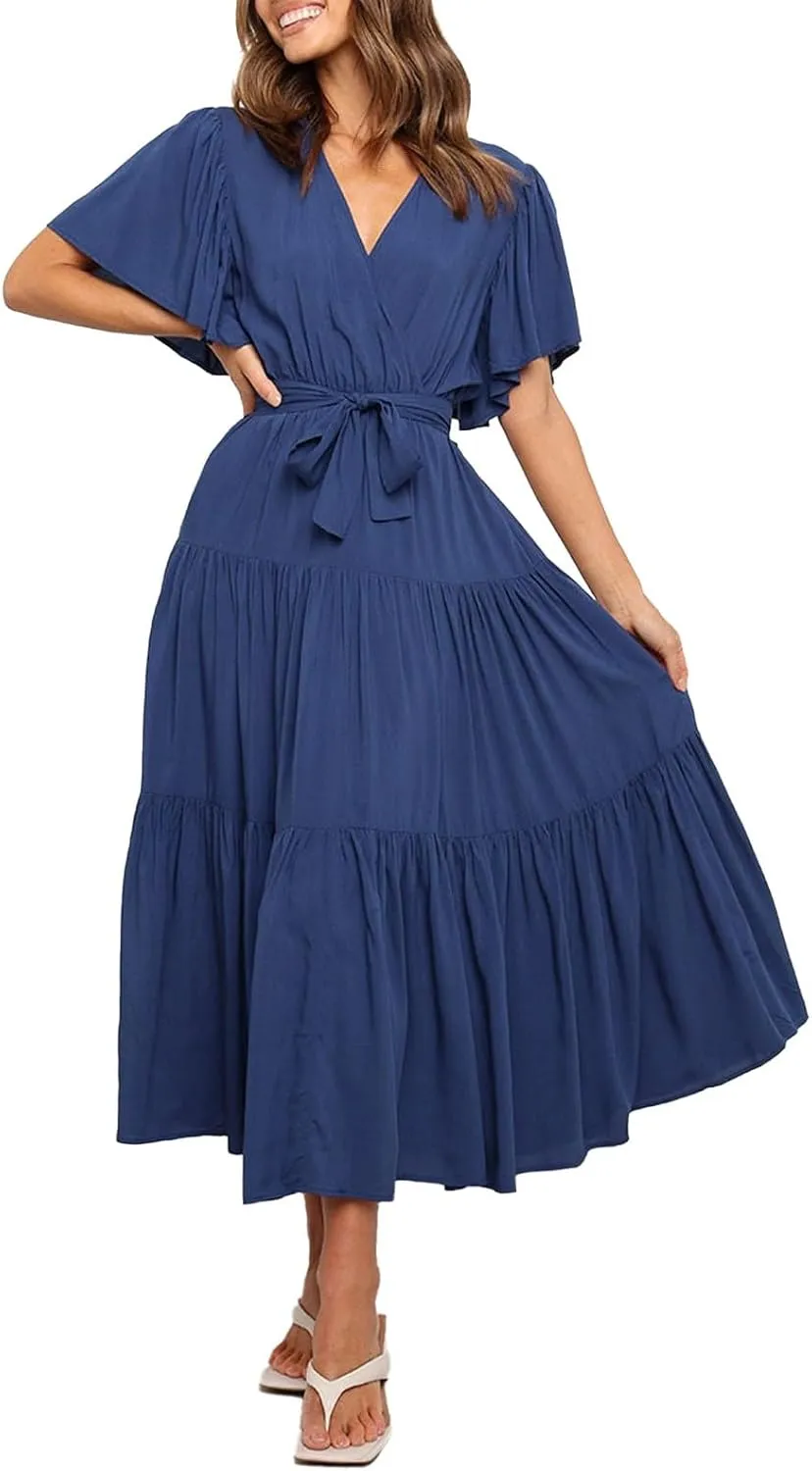 Dresses for Women Spring Wrap Dress Ruffle Short Sleeve V Neck Midi Dress Tiered Fashion Dress Summer with Belt