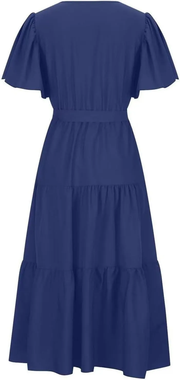 Dresses for Women Spring Wrap Dress Ruffle Short Sleeve V Neck Midi Dress Tiered Fashion Dress Summer with Belt