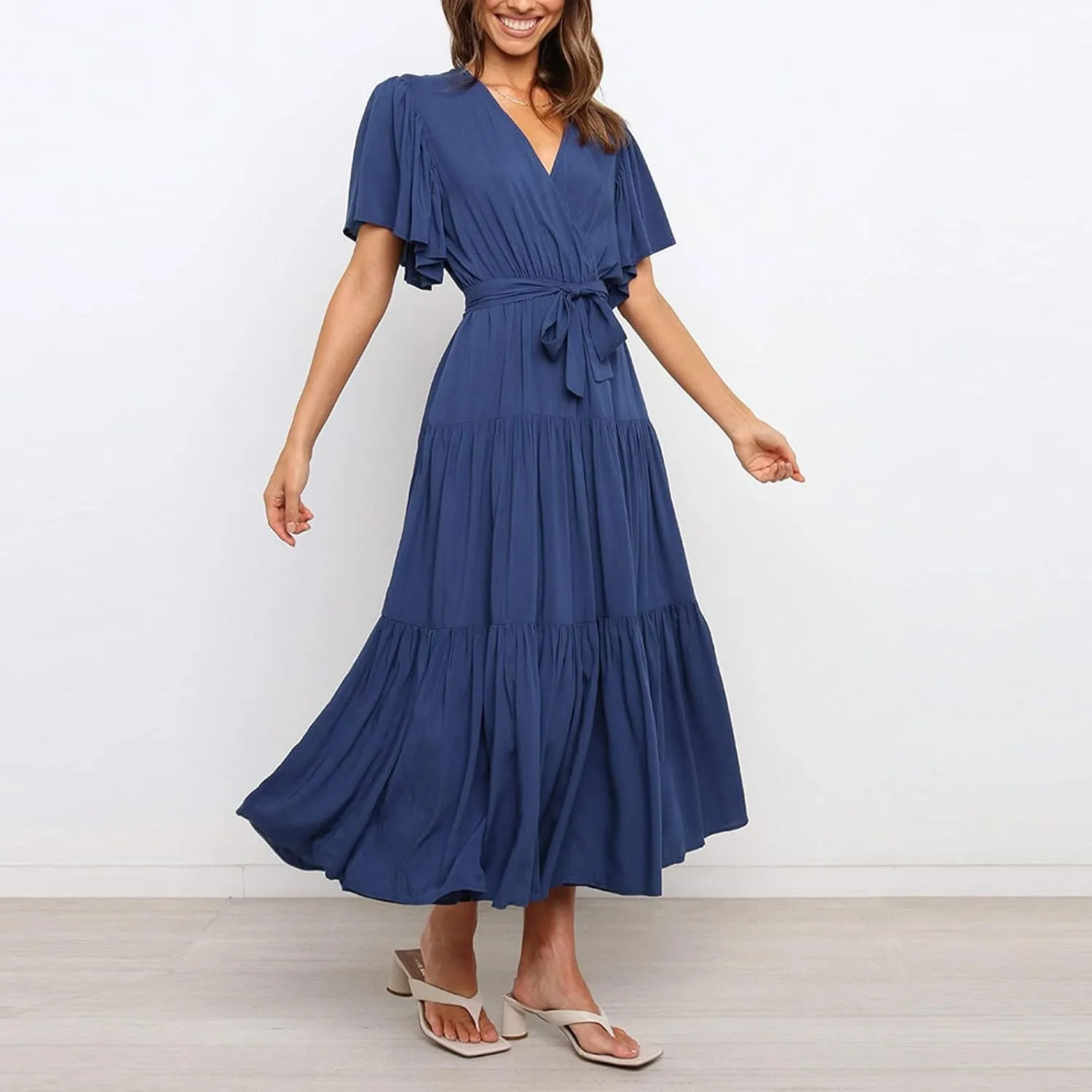Dresses for Women Spring Wrap Dress Ruffle Short Sleeve V Neck Midi Dress Tiered Fashion Dress Summer with Belt