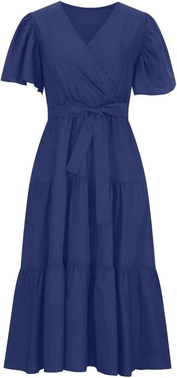 Dresses for Women Spring Wrap Dress Ruffle Short Sleeve V Neck Midi Dress Tiered Fashion Dress Summer with Belt
