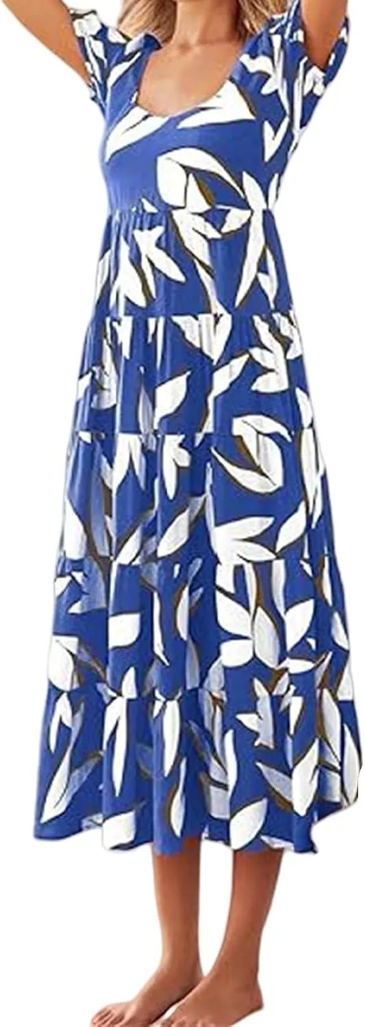 Dresses for Women Sundress Puff Short Sleeve Crewneck Dress Boho Floral Sundress Beach Vacation Dresses Summer 2025