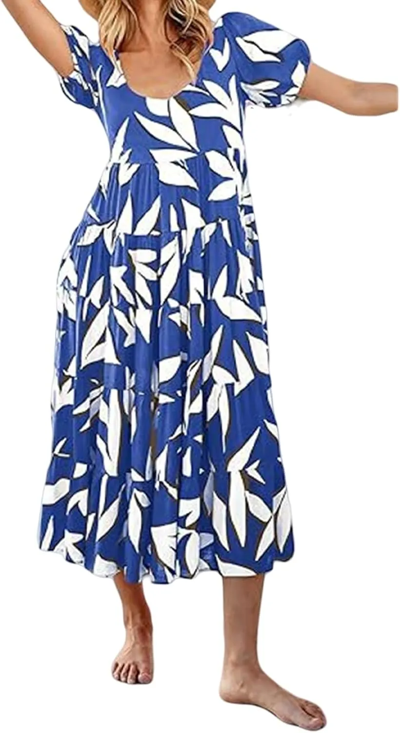 Dresses for Women Sundress Puff Short Sleeve Crewneck Dress Boho Floral Sundress Beach Vacation Dresses Summer 2025