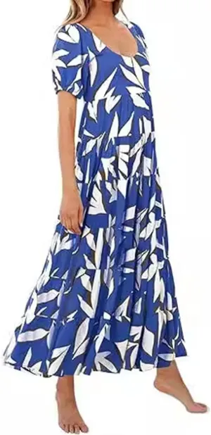 Dresses for Women Sundress Puff Short Sleeve Crewneck Dress Boho Floral Sundress Beach Vacation Dresses Summer 2025