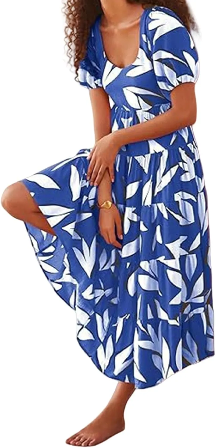 Dresses for Women Sundress Puff Short Sleeve Crewneck Dress Boho Floral Sundress Beach Vacation Dresses Summer 2025