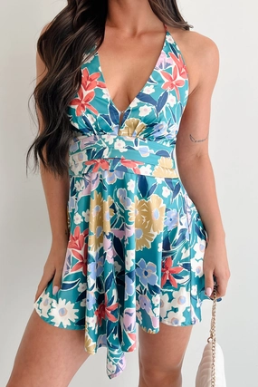 Chain-Detail Panelled-Design Smile Brighter Floral Halter Mini Dress (Pine Green)