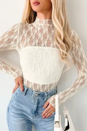 Durable Color Retention Loose Tee Gentle Spark Floral Lace Long Sleeve (Cream)