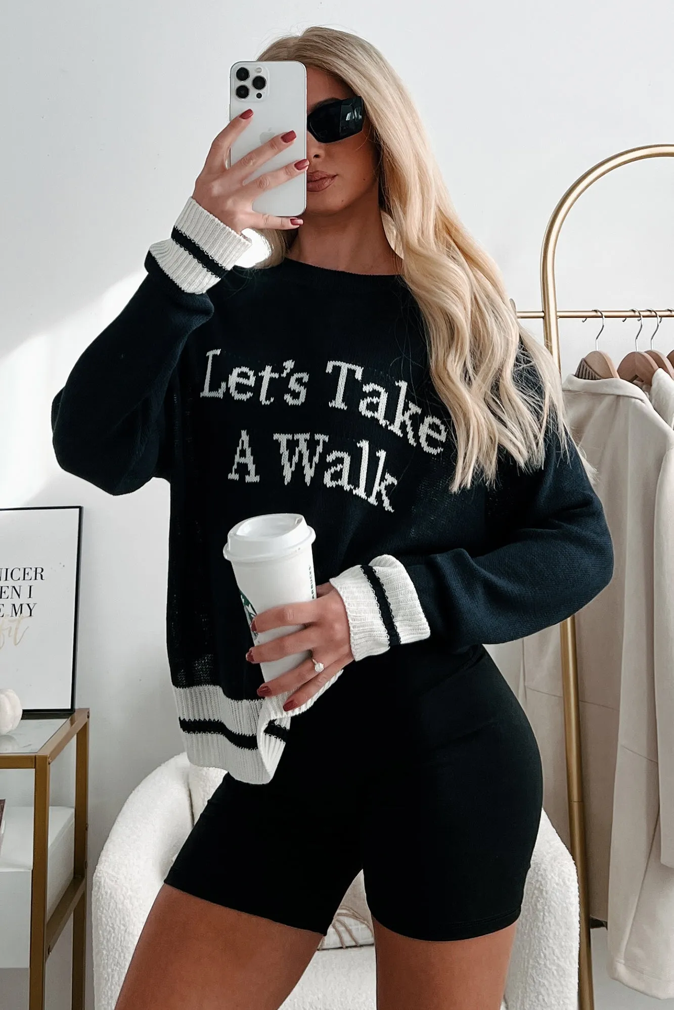 "Let's Take A Walk" Lightweight Knit Sweater (Dark Navy/White) Natural Fiber Blend Layered Panel Construction