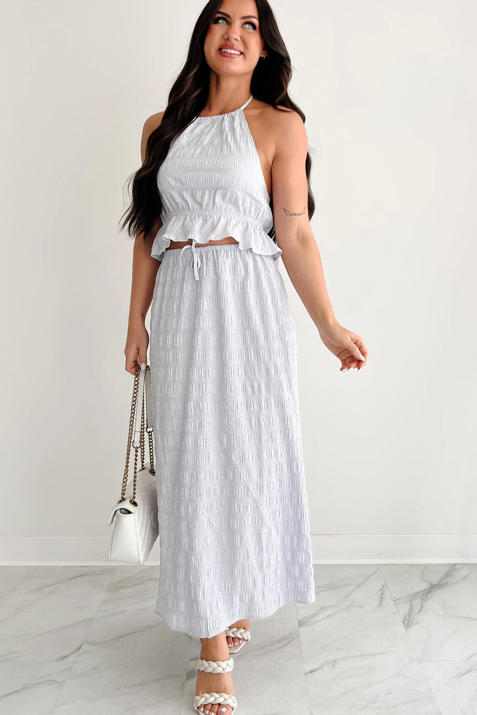 Dreaming Away Gingham Halter & Maxi Skirt Set (Lilac/White) StainResistantFinish