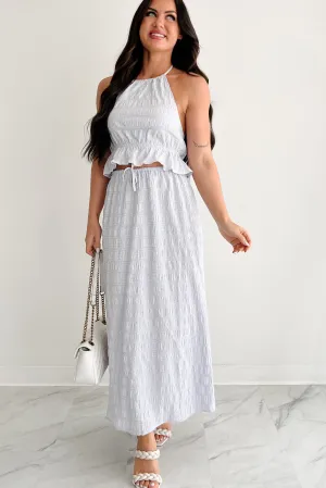 Stylish Hoodie Hydrophobic Threadwork Dreaming Away Gingham Halter & Maxi Skirt Set (Lilac/White)