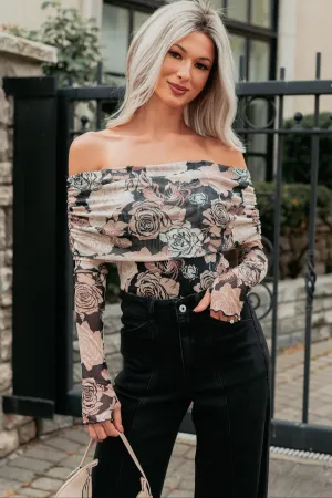 Feeling Rosy Off The Shoulder Floral Bodysuit (Black/Sand) DoubleStitched AntiStaticTreatment
