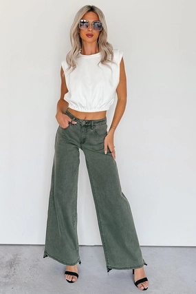 windproof Ripped design Valencia High Rise Wide Leg Mica Denim Jeans (Dark Green)