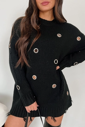Causing Chaos Metal Eyelet Distressed Tunic Sweater (Black) OdorResistantTechnology