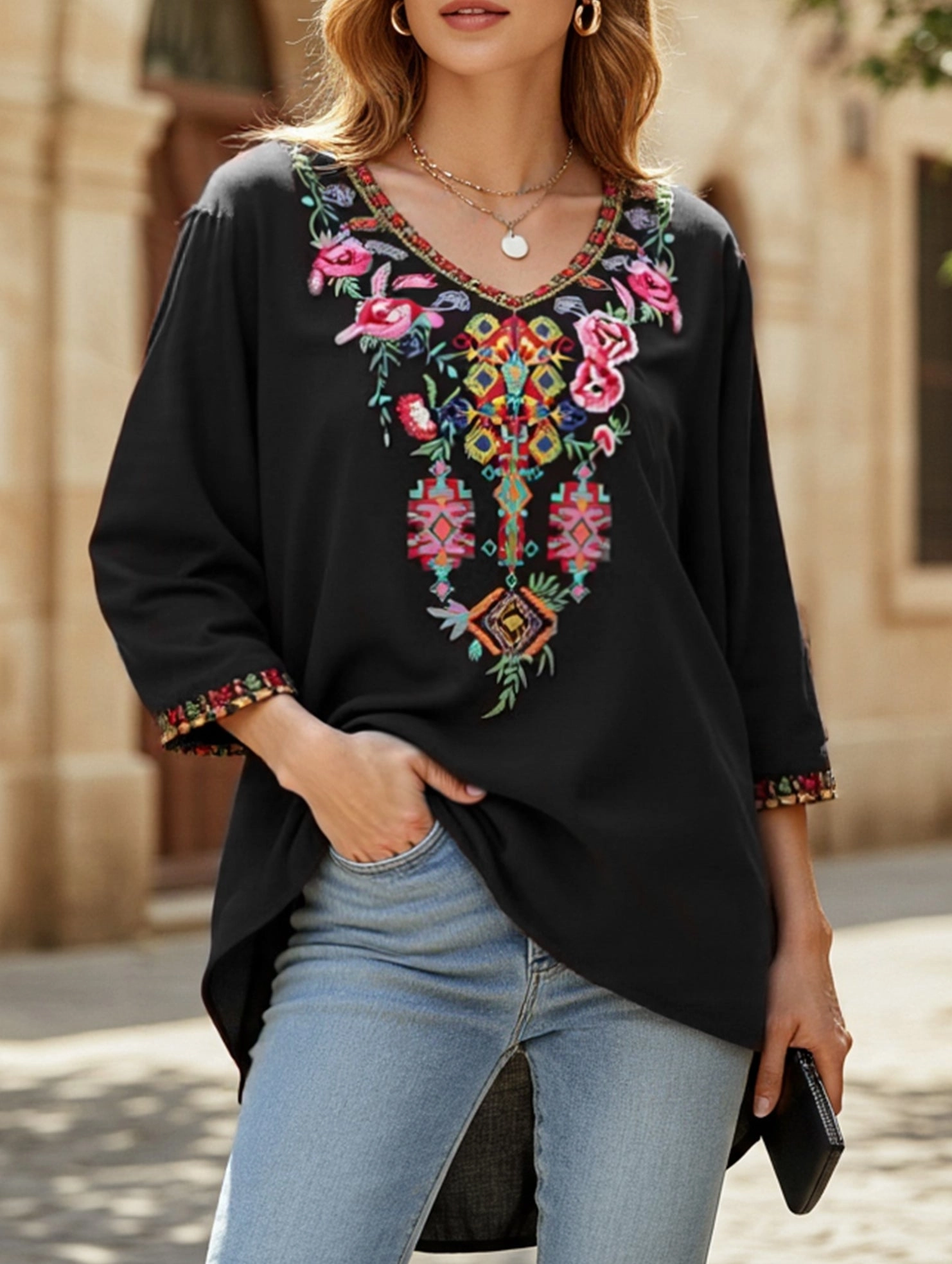 COTTON V-NECK STYLE EMBROIDERED TOP Lightweight Jacket