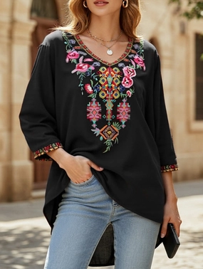 Eco Conscious Packaging COTTON V-NECK STYLE EMBROIDERED TOP