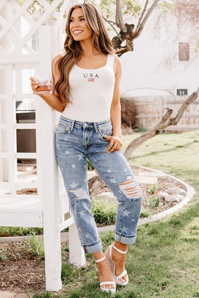 Ruth Star Print Distressed Saige Jeans (Medium) Snug Waist