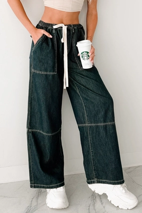 Chill Energy Wide Leg Drawstring Pants (Grey Denim) SeamlessPocketDesign